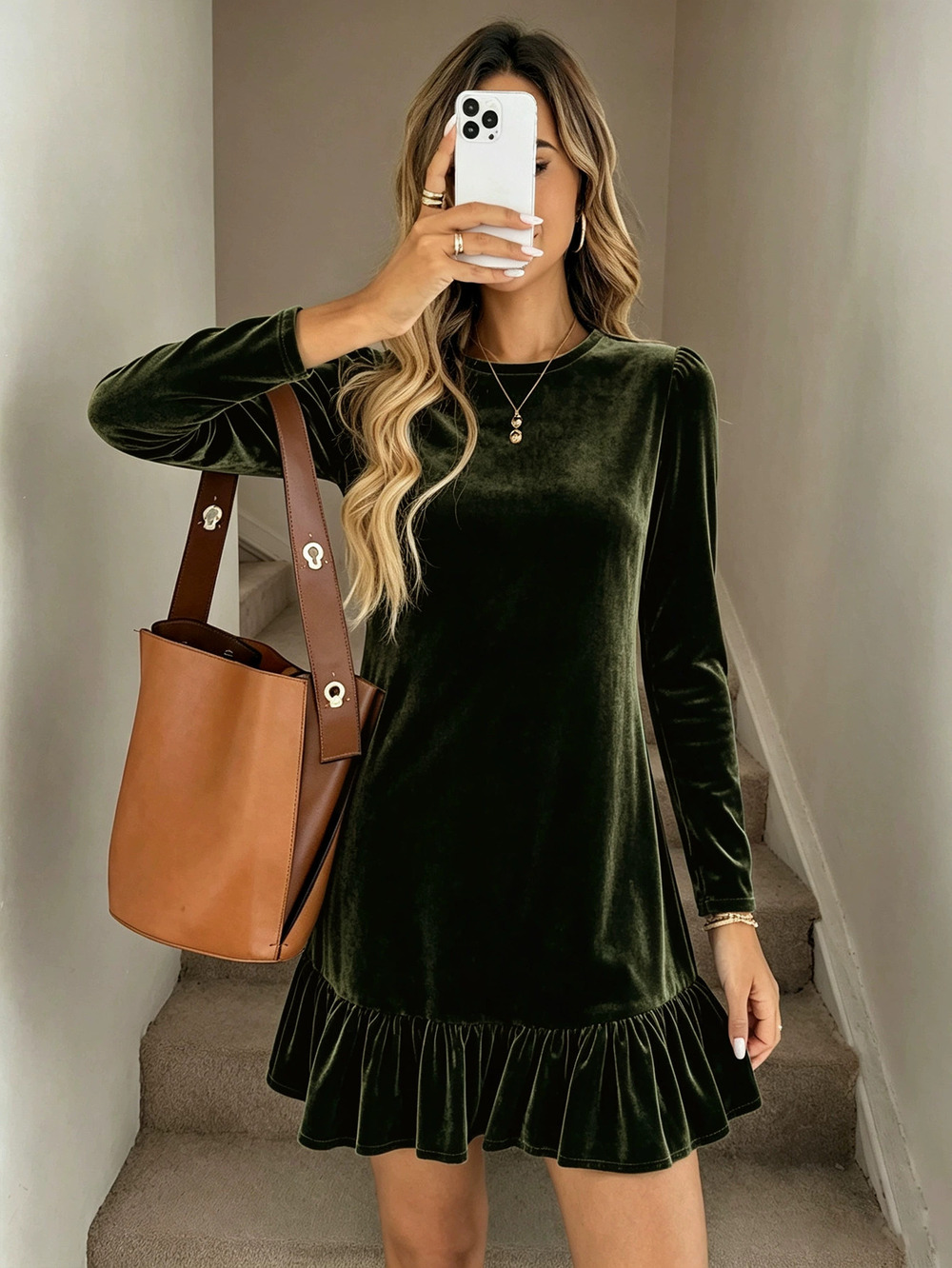 ZARA Velvet Mini Dress Round Neck Long Sleeve Waist Slimming Ruffle Hem